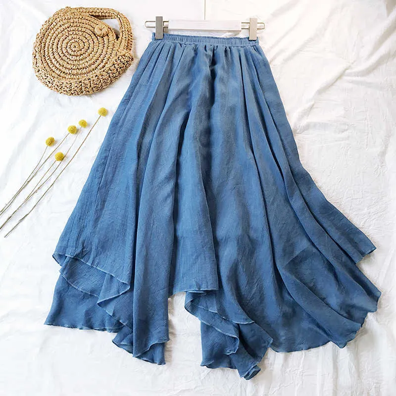 Katoen linnen maxi rok vrouwen lente zomer elastische taille vintage solide onregelmatige lange s Mori meisje boho strand 210621