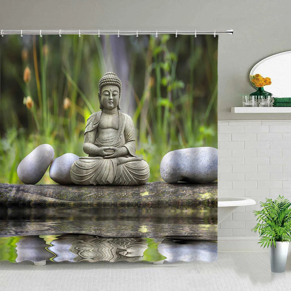 Zen Stone Boeddha Bloemen Landschap Douche Gordijnen Creativiteit Art Badkamer Bad Gordijn met Haken Waterdichte Stof Bad Decor 210915