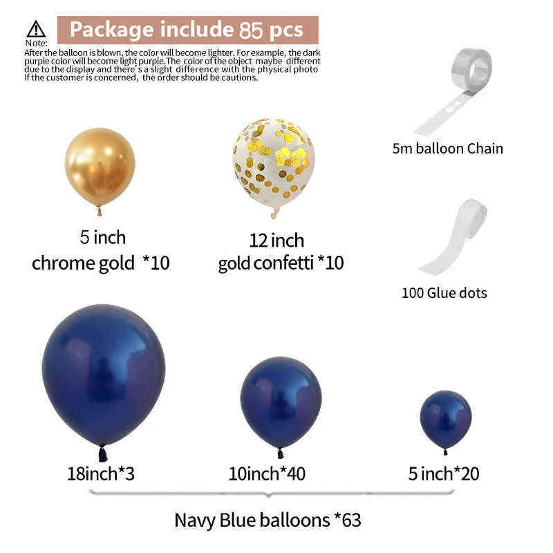 85 Stück marineblaue Luftballons Garland Arch Kit Chrom Gold Pailletten Ballon für Babyparty Hochzeit Geburtstag Party Dekor Globos 211216