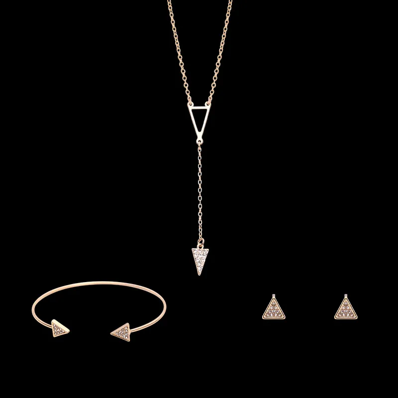 pave rhinestone triangle geometric trigon Y Necklaces Set Adjustable Gold Women's Earrings cuff bracelet Jewelry Sets for women
