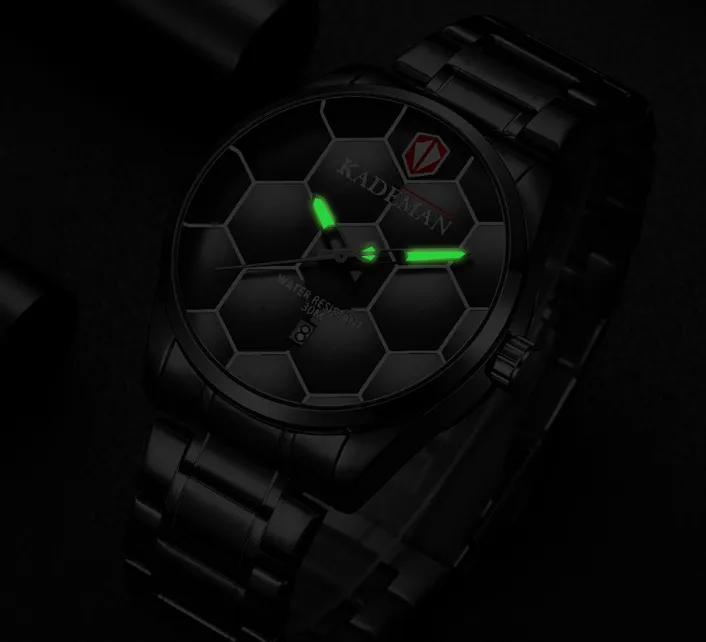 Kademan marca de alta definição luminosa relógio masculino textura futebol quartzo calendário relógios lazer simples aço inoxidável masculin304l