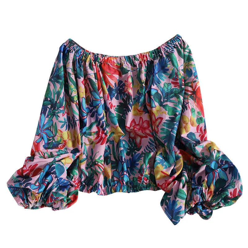 kimutomo 패션 레트로 셔츠 한국어 어깨 슬래시 목 랜턴 슬리브 꽃 인쇄 짧은 블라우스 여성 여름 세련된 상위 210521