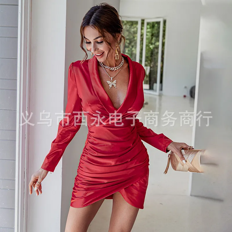 Satin Dress Sexy Bodycon Party Club Elegant Long Sleeve Slim Mini Women Irregular Chic Rose Red 210422