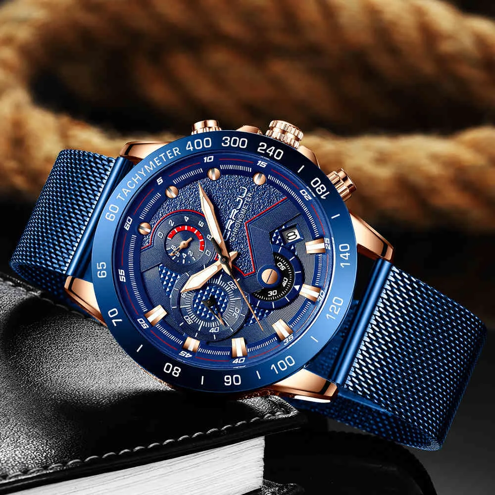 Mode Hommes Montres Top Marque De Luxe Montre-Bracelet Quartz Horloge Bleu Montre Hommes Étanche Sport Chronographe Relogio Masculino 210517