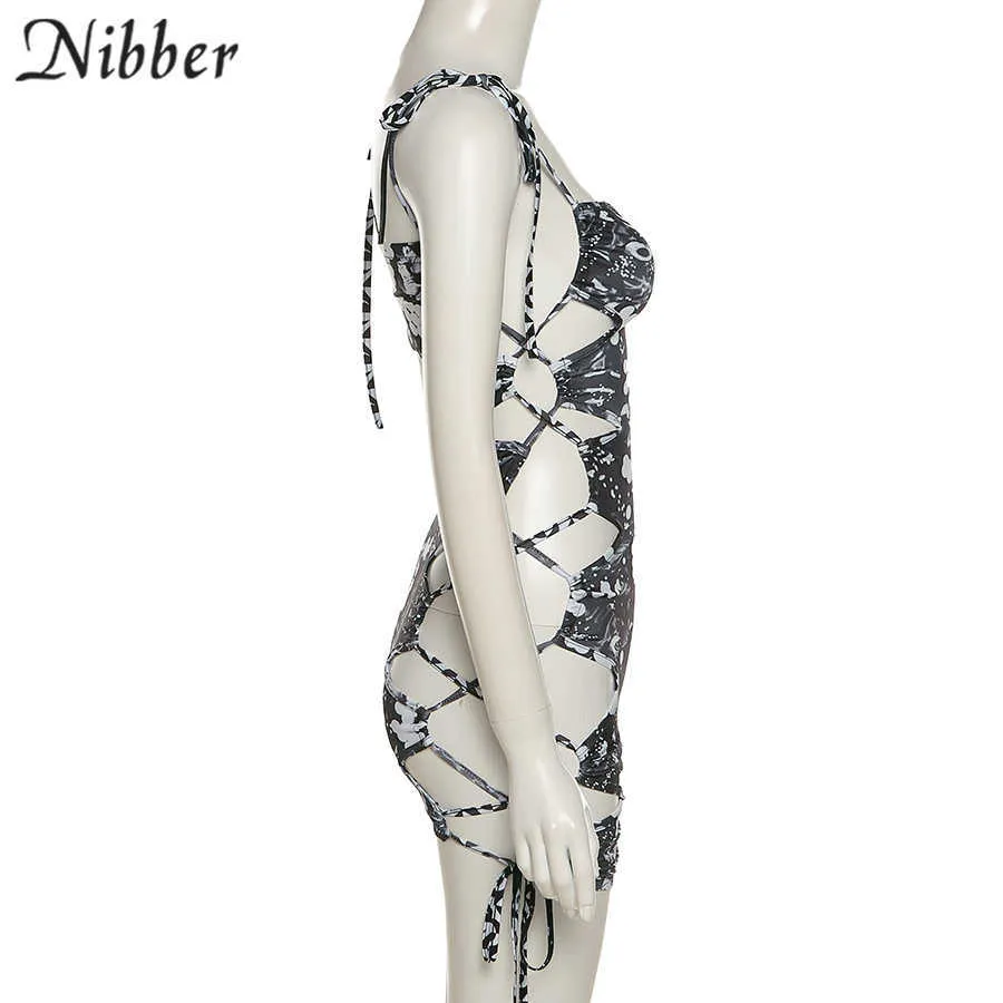 Nibber Y2K Fashion Sling Robe sans manches en dentelle creuse Design Tie Dye Imprimer Hot Girl Style pour les femmes sexy Party Night Clubwear Y0726