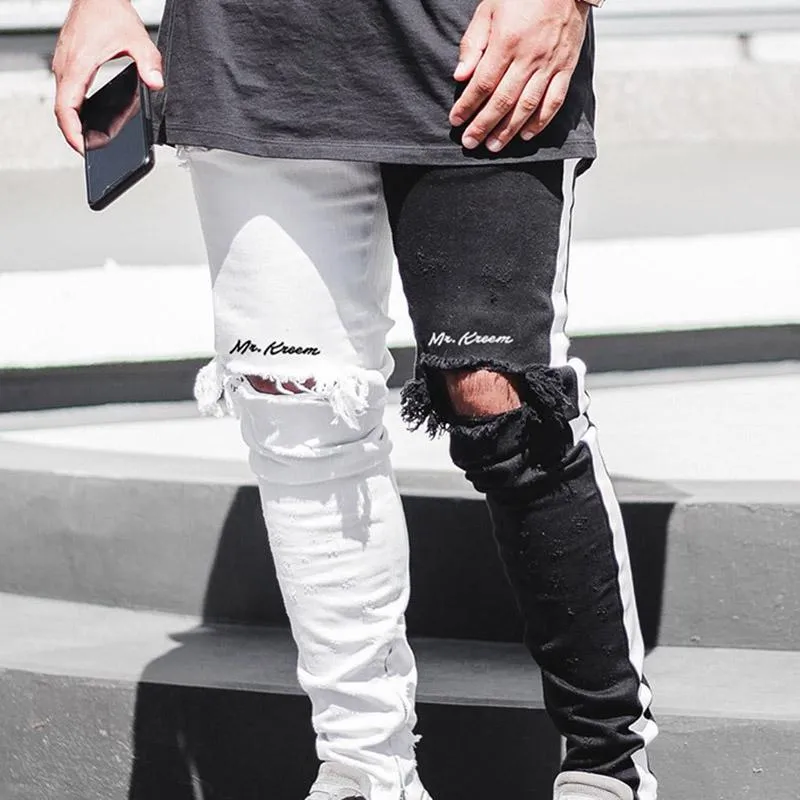 QNPQYX Men's Biker Jeans Spring Knee Holes Ripped Black White Patchwork Jean Trousers Stylish Streetwear For Men