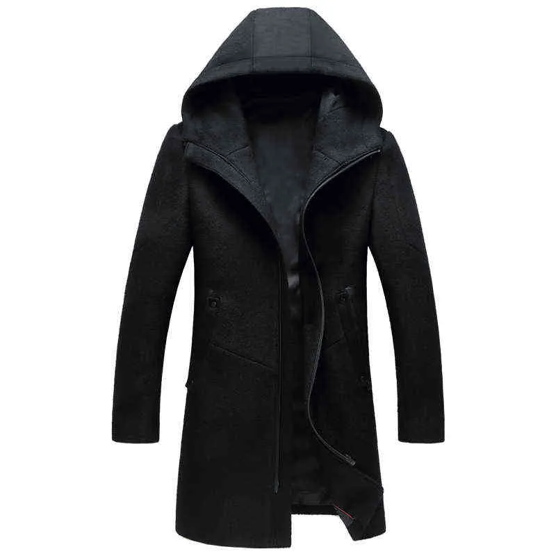 Casacos de lã dos homens Casacos Inverno Cashmere Casaco Com Capuz Homem Marca Mens Moda Outerwear Quente Zíper Overcoat Casaco de Pé de lã 3xL 211122