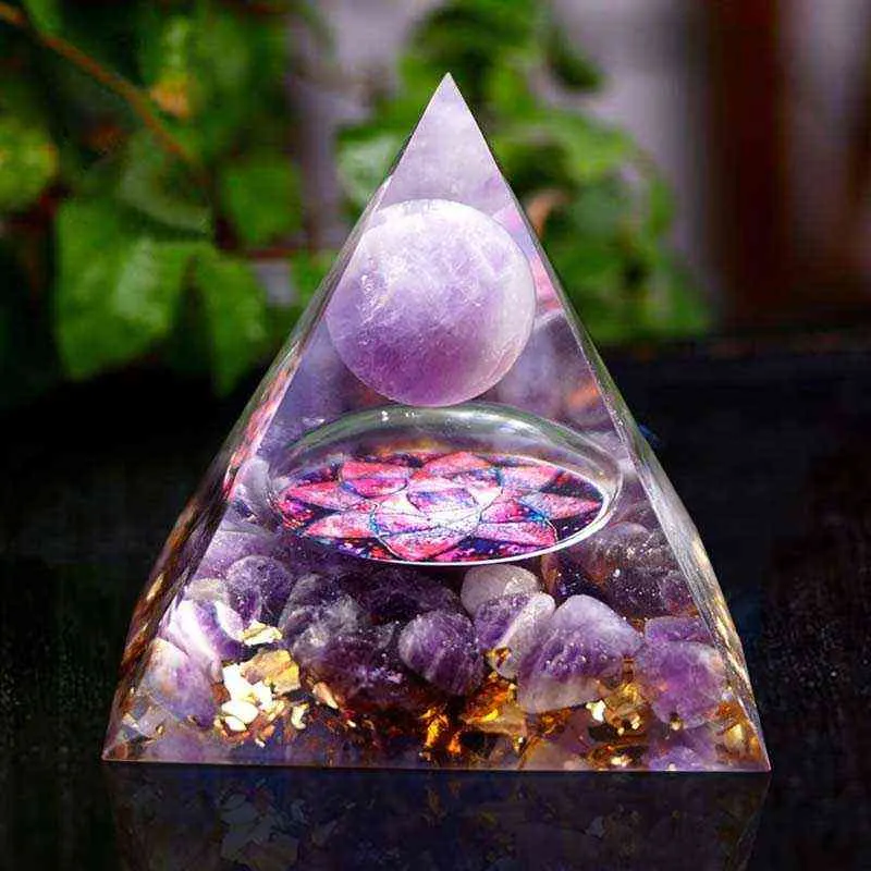 Pirâmide orgonita artesanal, esfera de cristal de ametista de 60mm com pedra natural de cura energética 211101275s