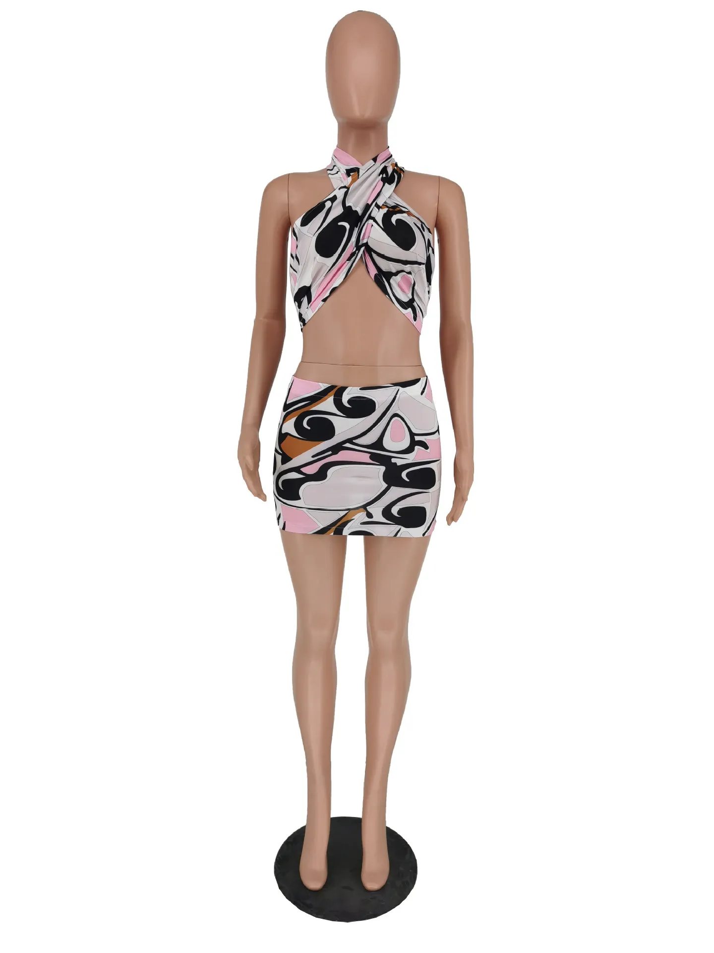 Женщины сексуальные Halter Crop Top Hop Hops вверх полый Bodycon мини юбка из двух частей набор платье мода ночной клуб пляж черный девушка 210525