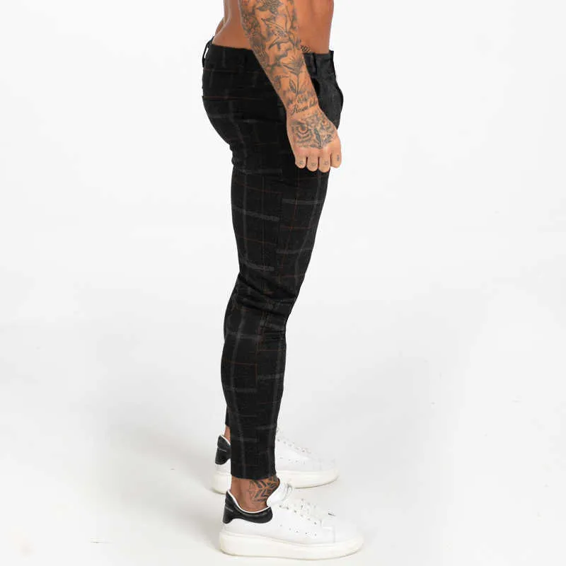 Gingtto Mężczyźni Skinny Chino Spodnie Jesień Zima Czarna Plaid Pant High Waist Drop ZM383 210715