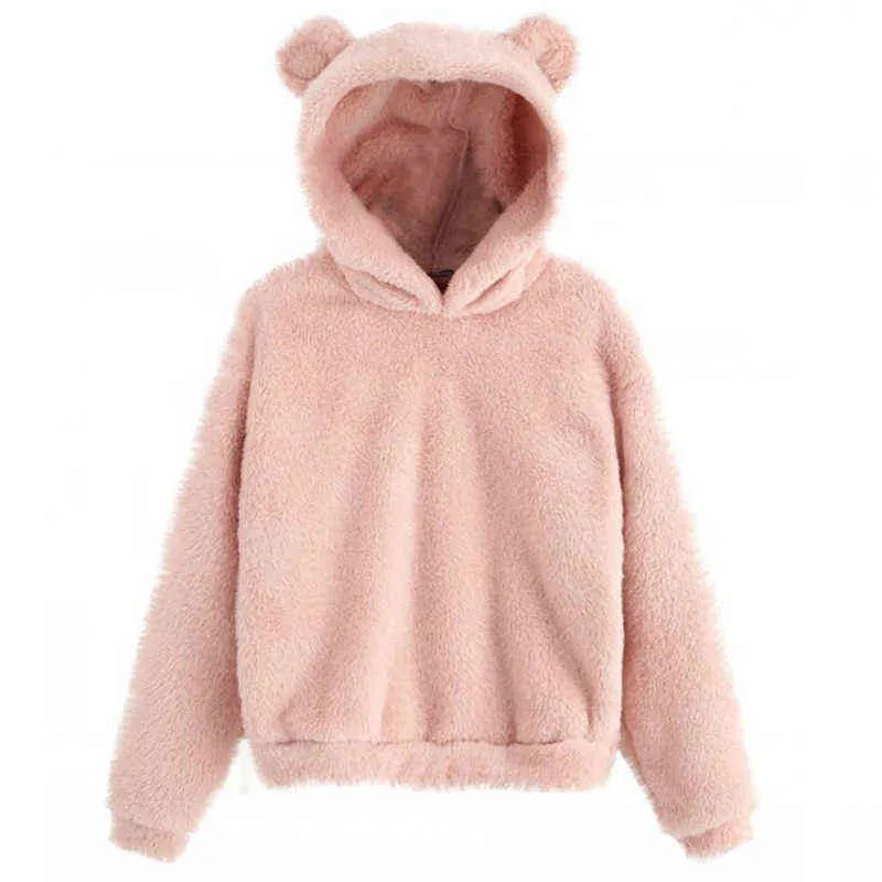 Lovely Fleece Animal Hoodies Women Sweatshirt Long Sleeve Warm Bear Ear Hooded Plush Hoody Pullover Lady Winter Tops 211109