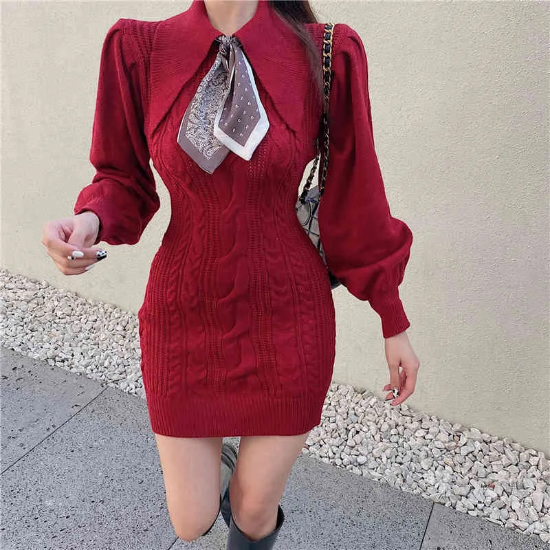 Ezgaga Örgü Kazak Elbise Kadın Kış Moda Vintage Fener Kol Turn-down Yaka Ipek Eşarp Ile Zarif Bodycon Elbise 210430