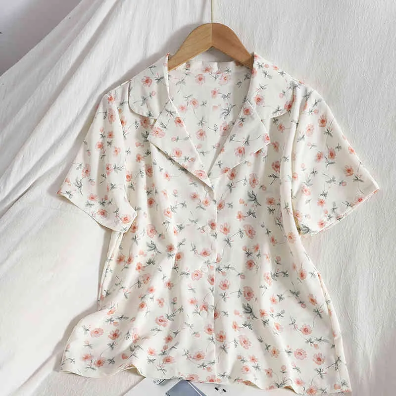 KIMUTOMO korte mouwen bloemen gedrukt shirt lente zomer Koreaanse mode gekerfd enkele breasted slanke taille zachte top 210521