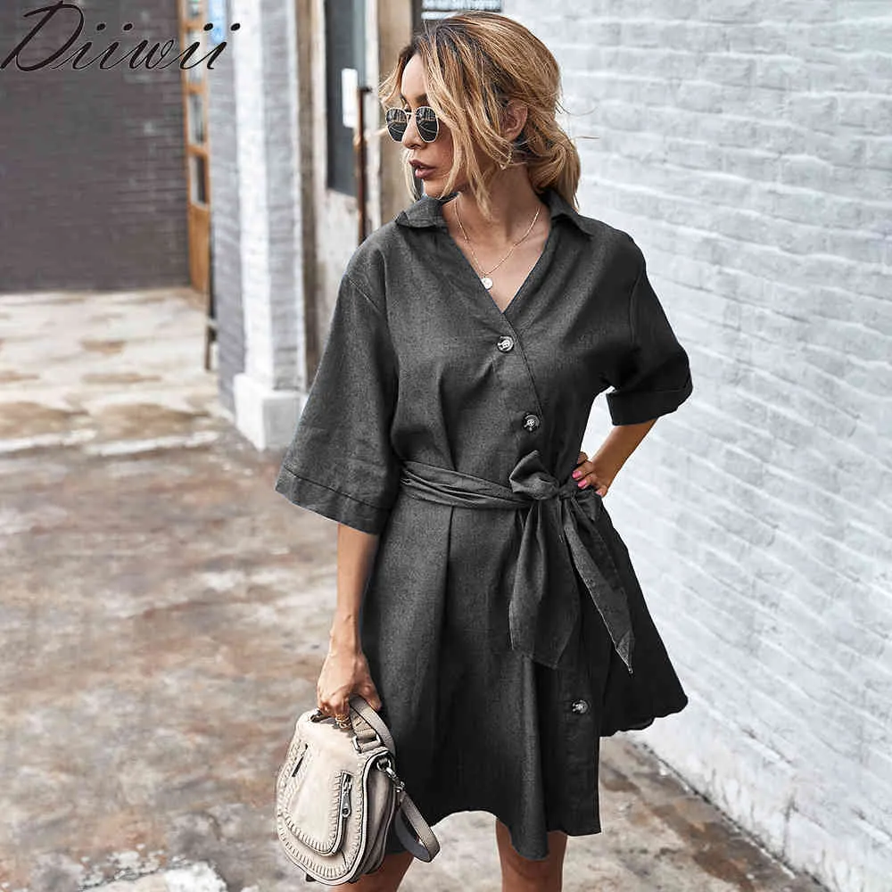 Diiwii Femmes Demi Manches Denim Robes Simple Boutonnage Bow Sash Slim Casual Robe Femmes Split Automne Midi Robes Tendance de la mode X0521