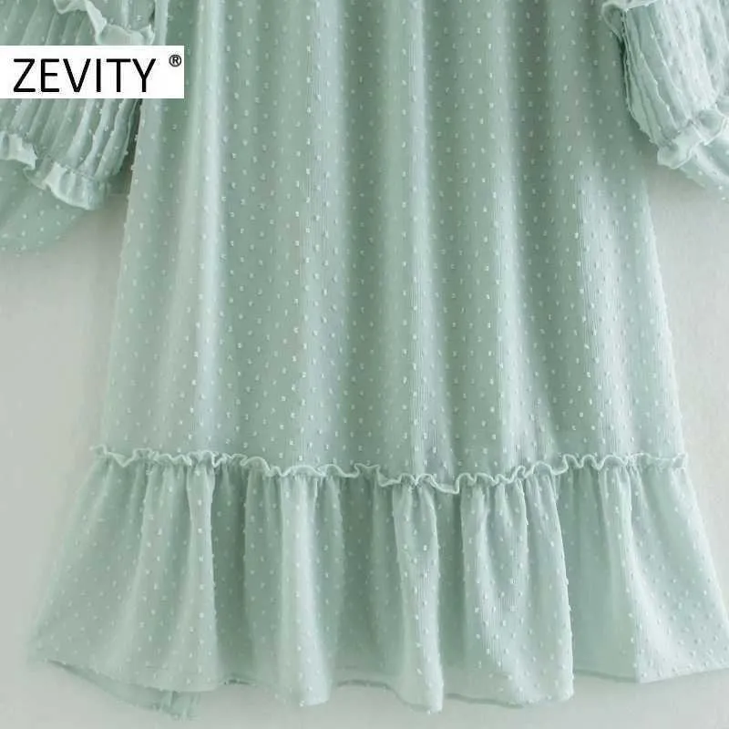 Zevity Femmes Mode Agaric Dentelle Dot Couture Casual Robe en mousseline de soie Lady Lanterne Manches Droite Robe Chic Robes DS4510 210603