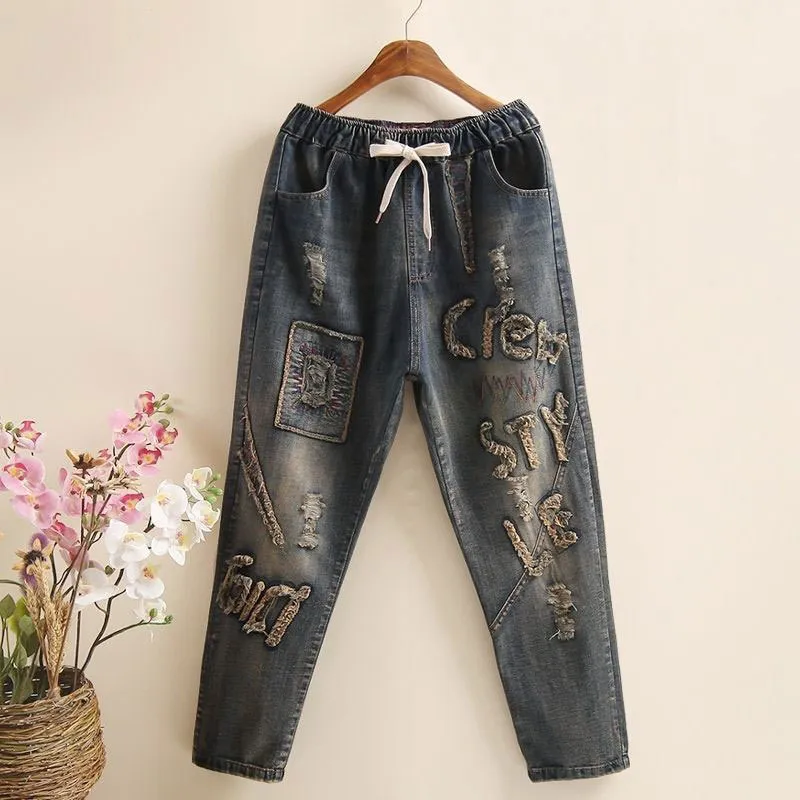 Art Style Patchwork Stickerei Lose Vintage Frauen Jeans Loch Design Elastische Taille Alle Baumwolle Denim Damen Haremshosen D101 210512