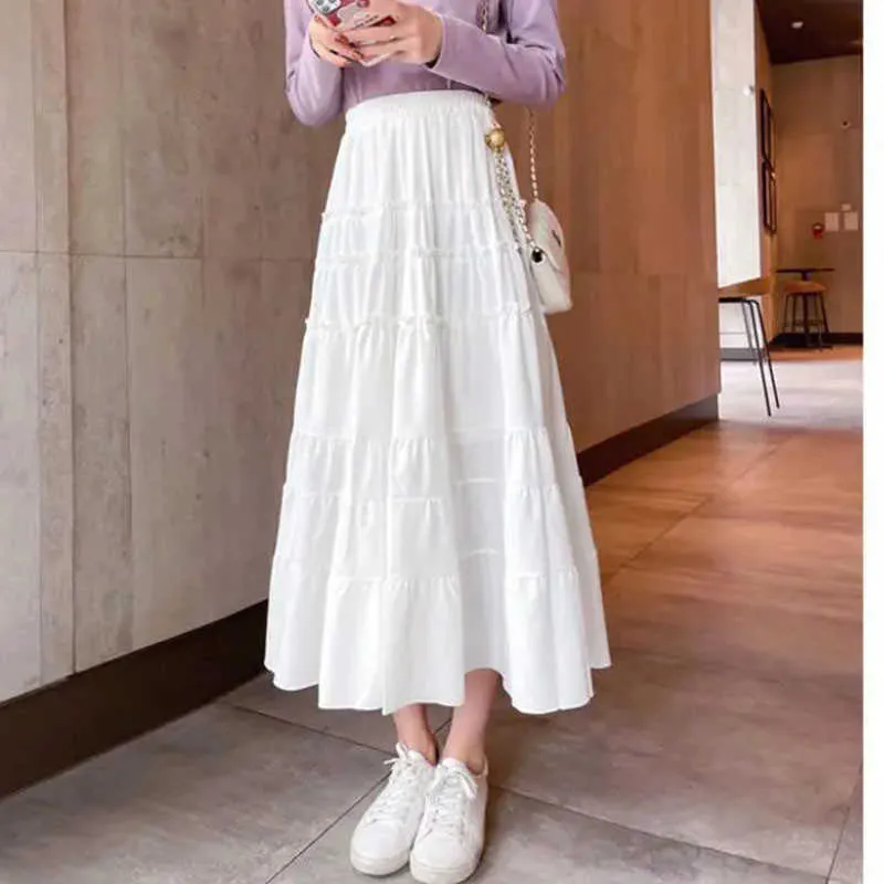 Witte hoge taille geplooide rok vrouwen zomer Harajuku lange ruche rok Koreaanse mode zwarte maxi rok vintage meisje student 210619