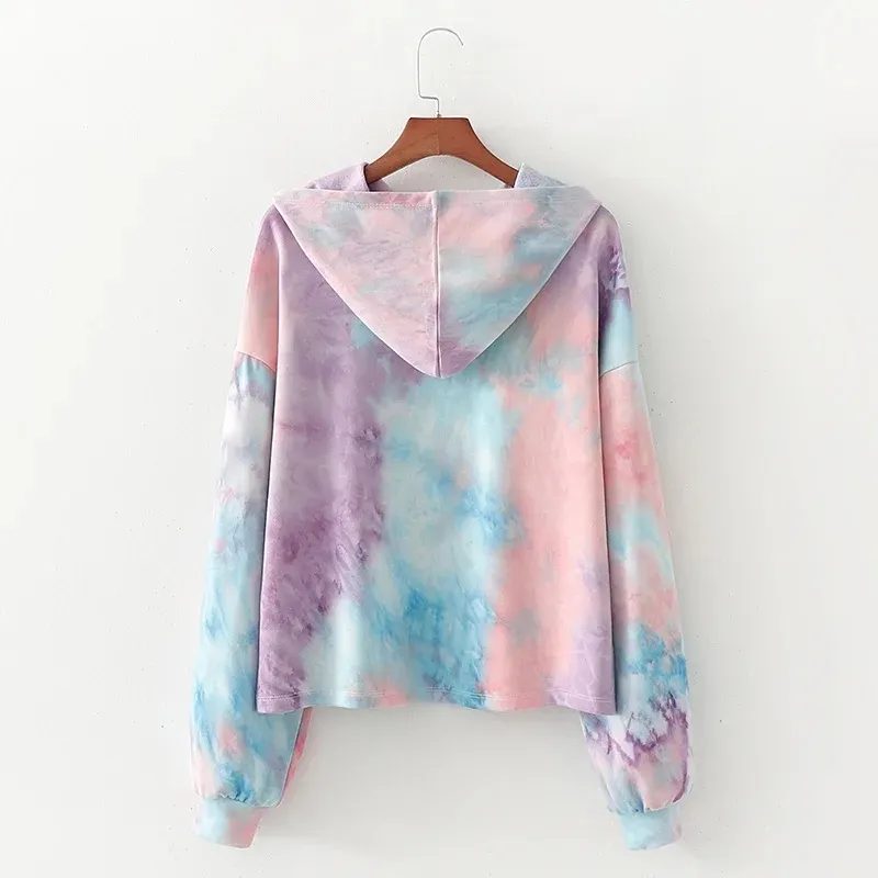 Moda donna Tie-dying Felpe con cappuccio in cotone sciolto Vintage Pullover manica lunga con cappuccio Casual Girls Chic Top 210520