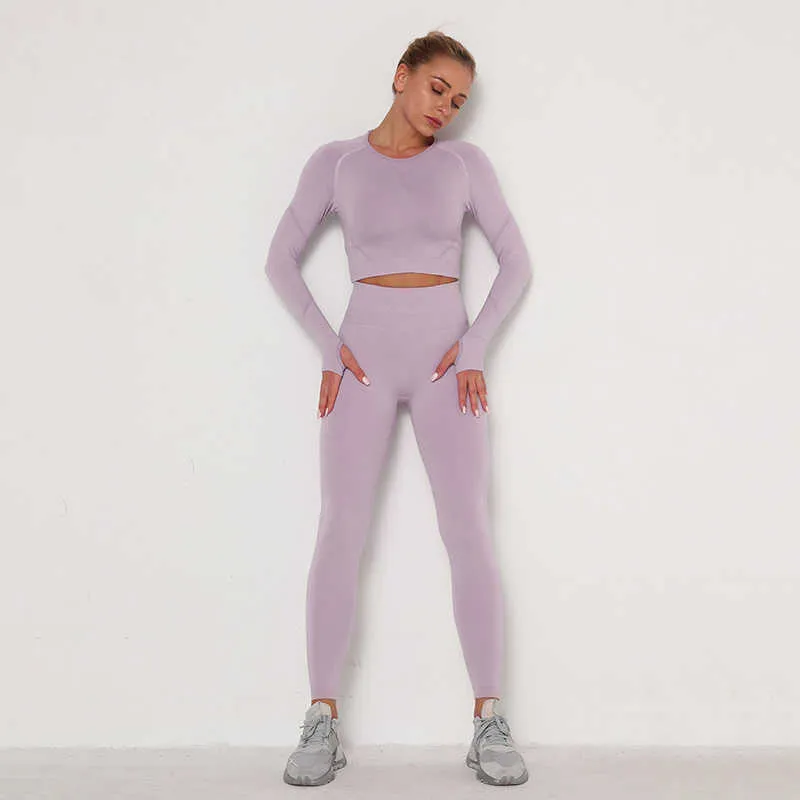 Femmes Vital Seamless Yoga Set Gym Vêtements Fitness Leggings + Chemises à manches longues Sport Suit Fold Patchwork Survêtement Active Wear 210802