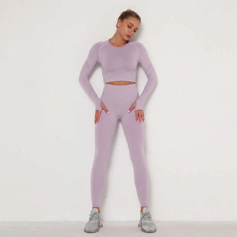 Kobiety Vital Seam Seamless Yogi Zestaw Siłownia Odzież Fitness Legginsy + Długie Rękawy Koszule Sport Garnitur Fold Patchwork Dresy Aktywny Nosić 210802