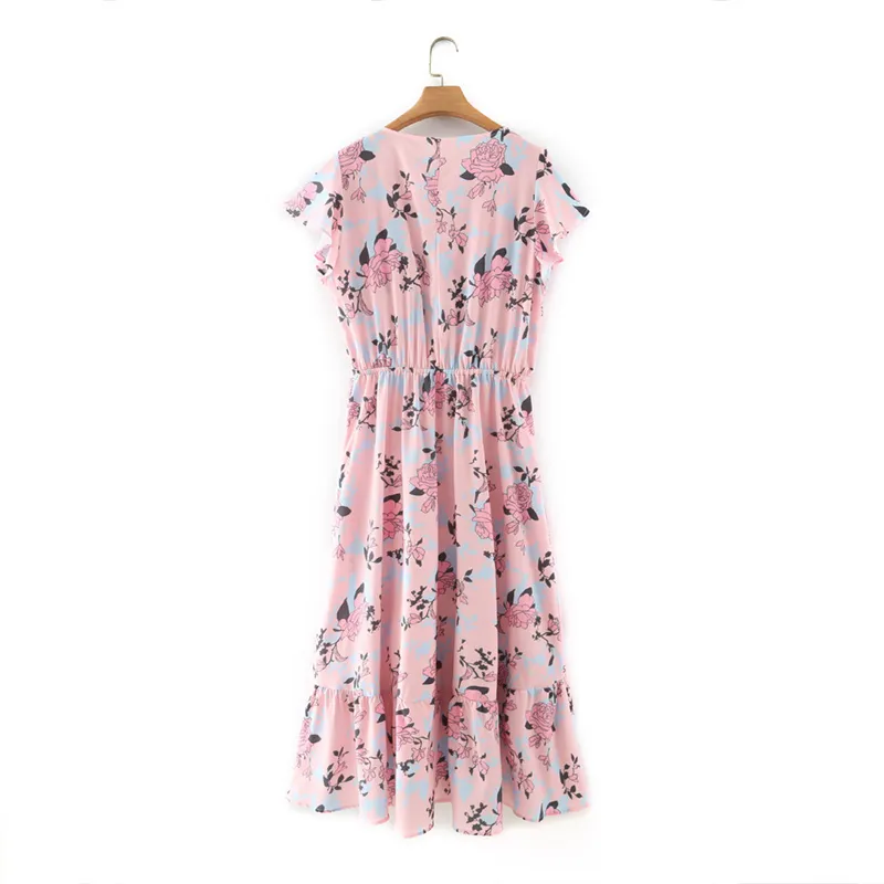 Summer Women Flower Print Deep V Neck Lace Up Bow Midi Dress Female Short Sleeve Clothes Casual Lady Loose Vestido D7515 210430