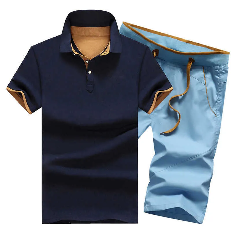 Track Suit Men Slim Polo T Shirt + Shorts Set Casual Solid Tracksuit Male Leisure Men
