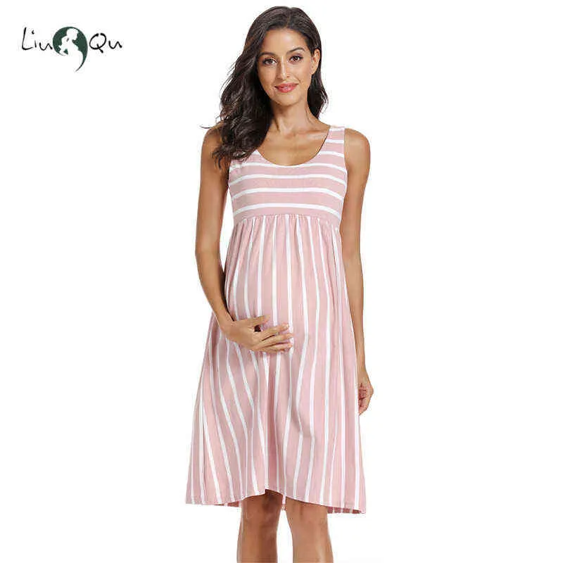 Vrouwen zomer mouwloze moederschap jurk pregancy tank ronde hals gestreepte mama kleding casual knielengte voor baby shower G220309
