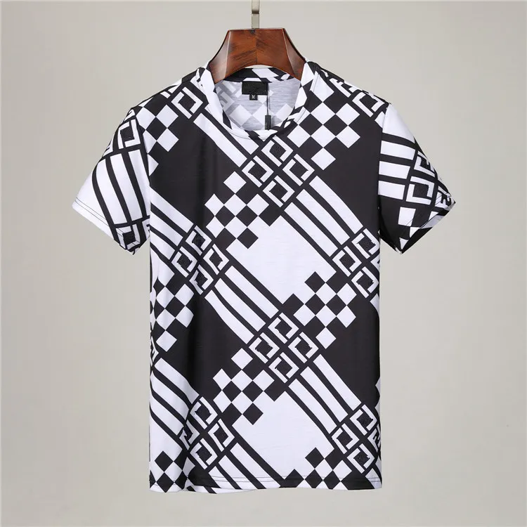 Camisetas masculinas e femininas com gola redonda solta de alta qualidade, confortável e respirável, estampa xadrez preto e branco #T0017