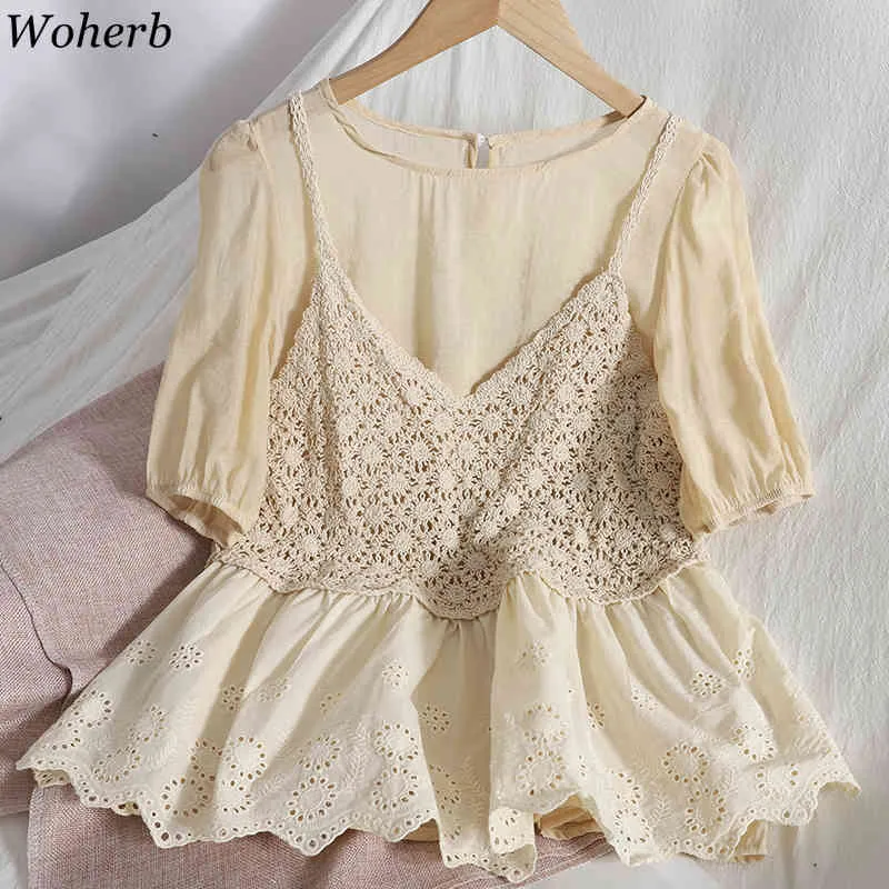 Blouses Women Set Loose Shirts Hollow Out Knitted Crop Tops Korean Chic Suit Two Female 95151 210519