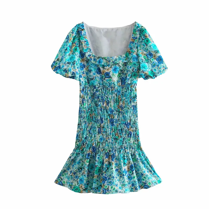 Floral Short Dresses Summer Woman Vintage French Square Neck Sleeve Mini Women Elastic Ruffle 210519