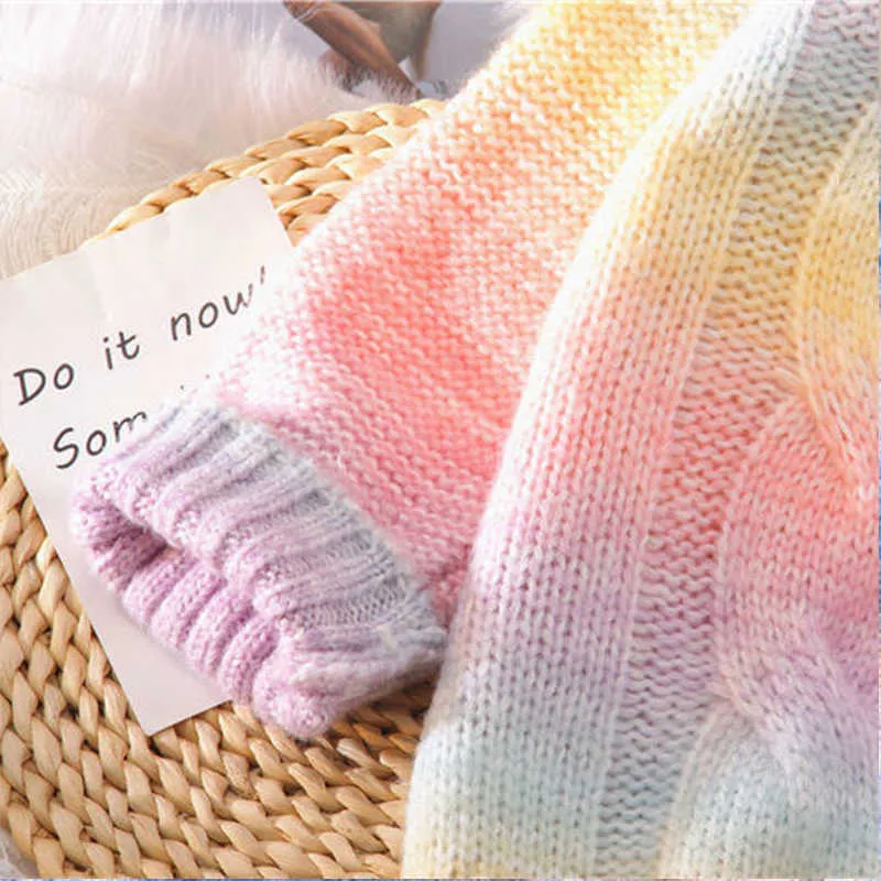 Autumn Winter Women Rainbow Sweaters Tie Dye Pullover O-Neck Long Loose Striped Korean Jumpers Candy Color Oversized Female Tops 210604