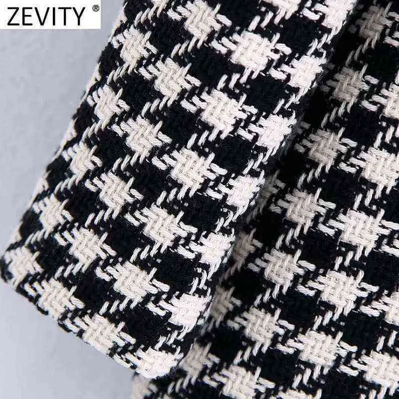 Zevity Women Vintage Houndstooth Plaid Print Otwórz Szycie Tweed Wełniany Płaszcz Kobiet Chic Znosić Slim Kurtki Topy CT781 211110