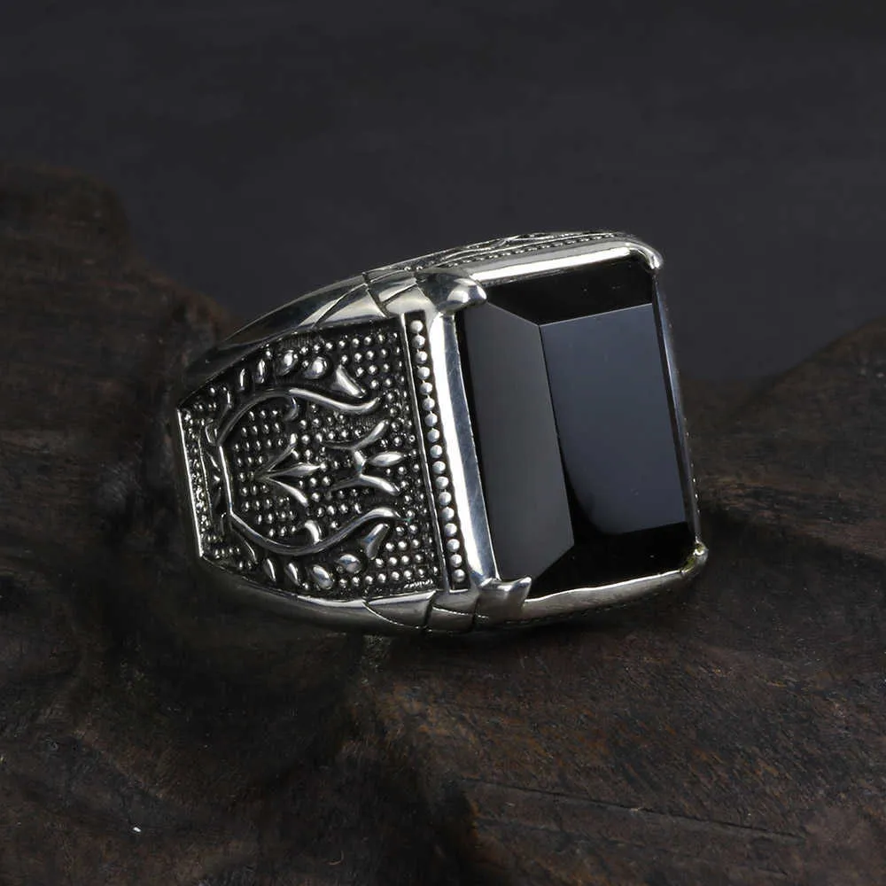 Real Pure Pure 925 Anelli da uomo in argento sterling con anelli di pietra naturale neri OFIERE ROCK PUNK ROCK ROCK ROCK 2106235962886
