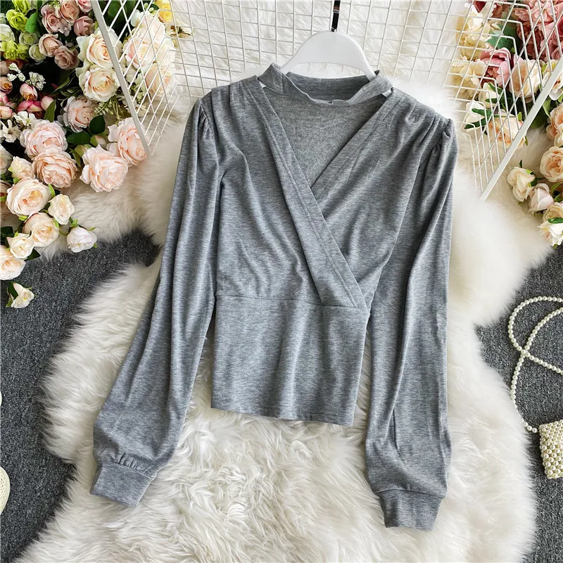 Dames Halter Cross V-hals Lange mouwen T-shirt Puff Sheeve Soft Koreaanse stijl Solid Color Vrouwelijke Tops UK110 210507