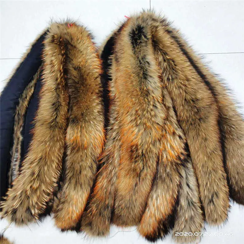 Kvinnor Vinter Real Raccoon Fur Collar 75 * 16cm Brun med Orange Mode Varm Furry Stor Storlek Scarf Sjal Wraps Men Jackor Decor H0923