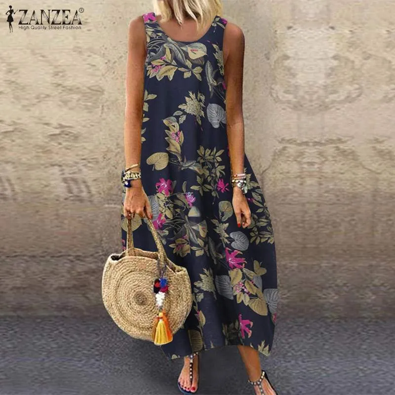 ZANZEA été femmes Vintage robe sans manches imprimé fleuri longue robe coton lin robe d'été Baggy plage robe Sarafans 5XL 7 X0521