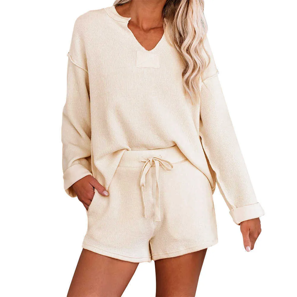 Autumn Women Set Sexy V Neck Long Sleeve Pullover Top And High Waist Drawstring Pocket Solid Shorts Ladies Loose Outfits 210526