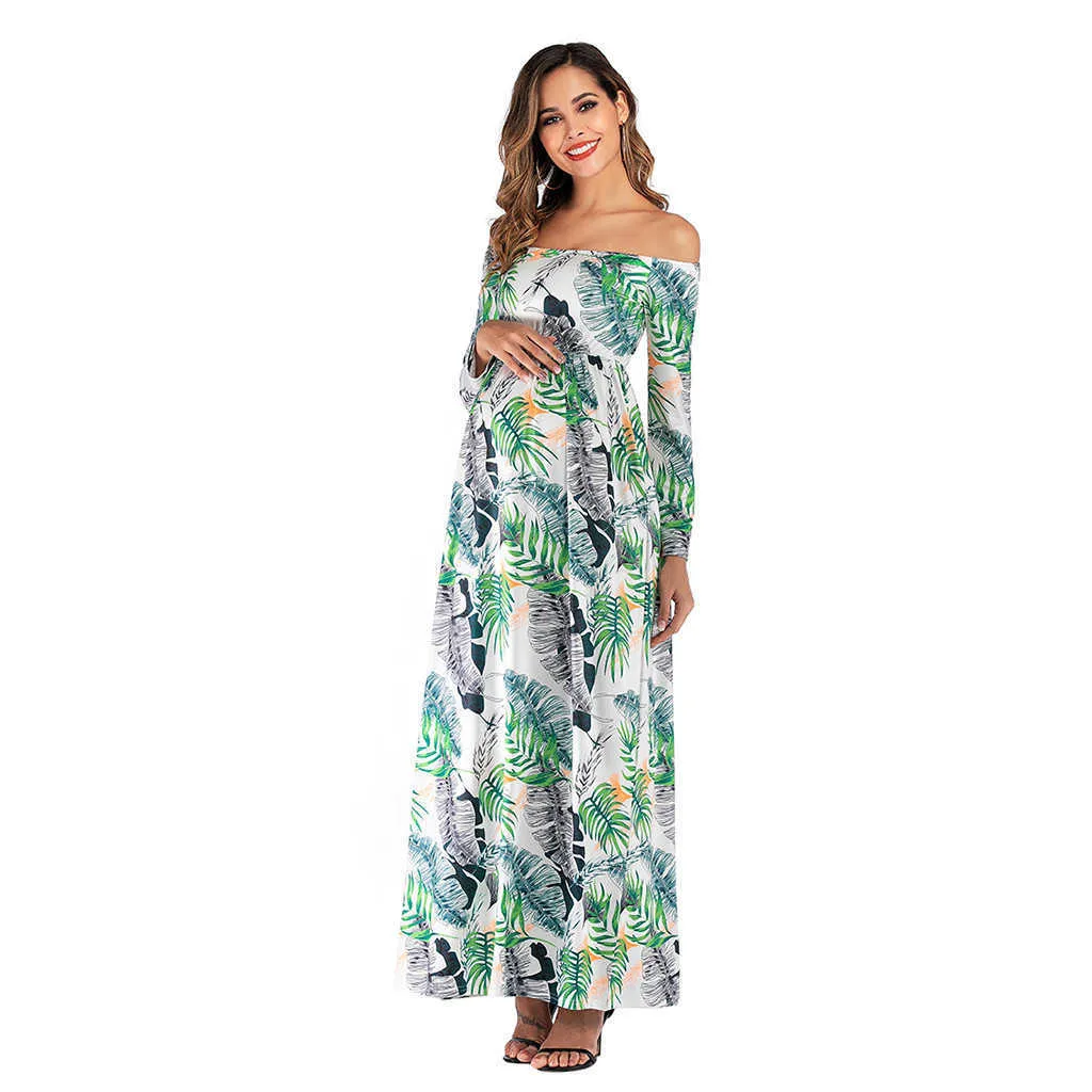 Robes de maternité d'été pour femmes enceintes, épaules dénudées, manches longues, imprimé feuilles, robe longue, Q0713