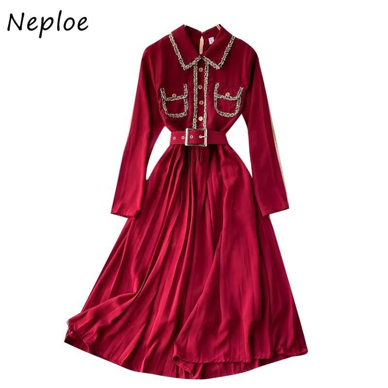 Neploe Vintage Court Style Tempérament Robe Femmes Taille Haute Hanche Ceintures Vestidos Turn Down Col À Manches Longues Robe Rouge Robes 210422