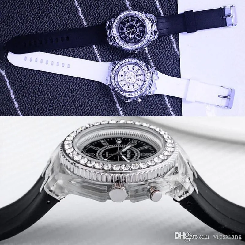 rhinestone Luminous led watches usa fashion trend of male and female students couple jelly Geneva Transparent Case Silica233H