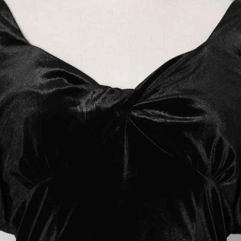 Maglietta sexy in velluto nero donna Tunica a maniche lunghe con scollo a V e soffio Top Abbigliamento femminile Moda 210524