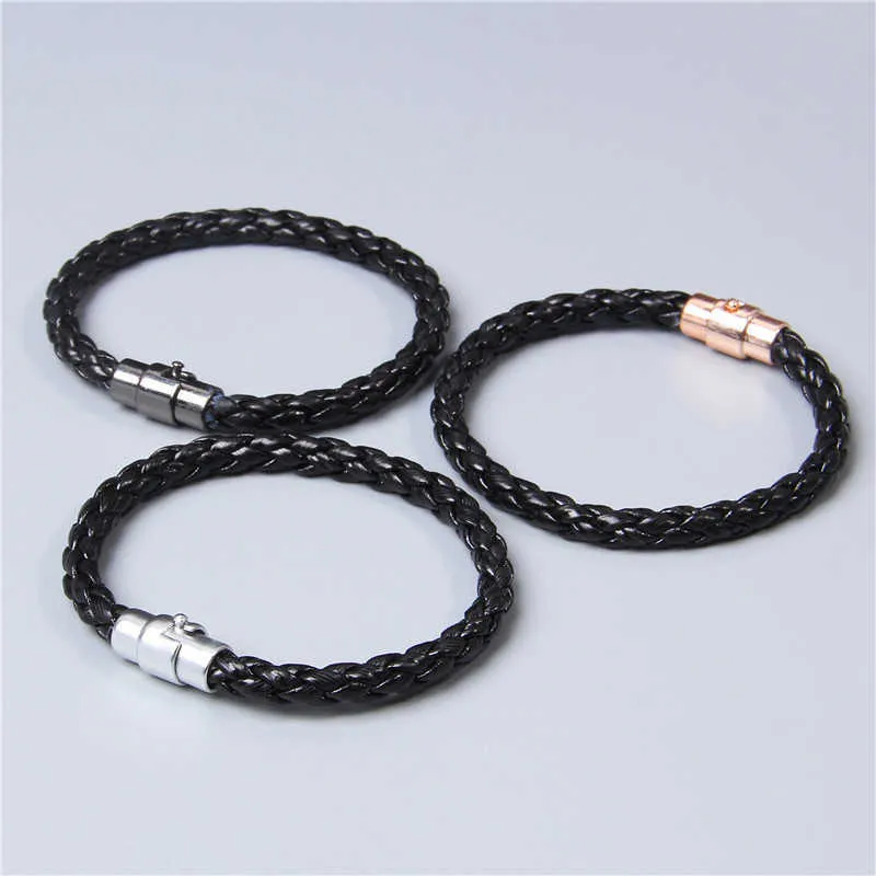 Men's Handmade Black Leather Rope Woven Bracelet Bangle Black Metal Magnetic Connection Buckle Simple Jewelry Bracelet Gifts Q0719