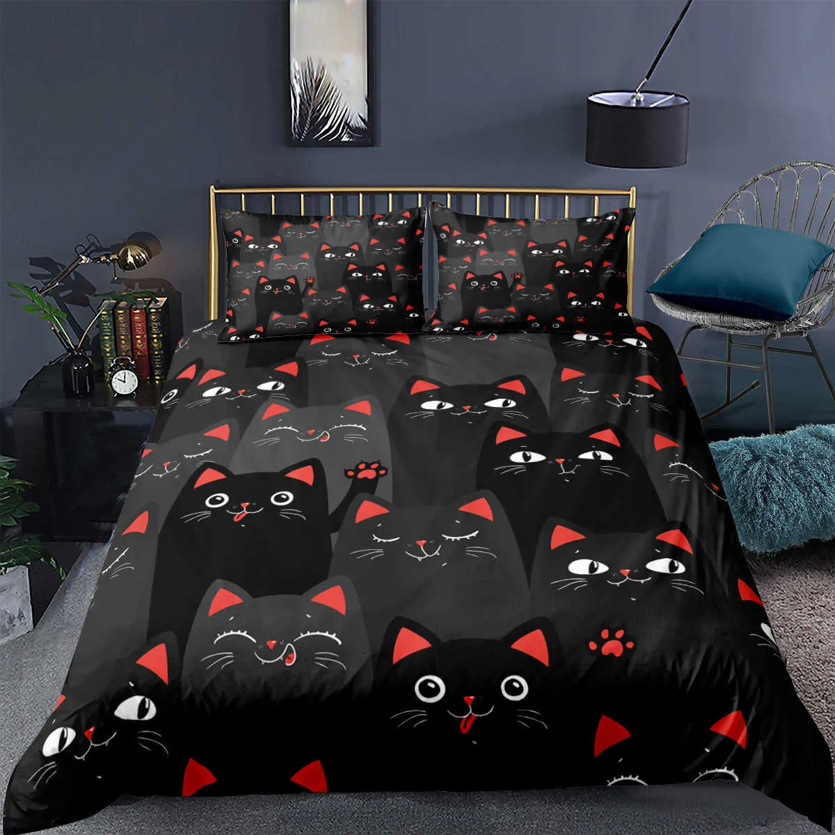 Cartoon Cat Duvet Cover Set Tiergedruckte Bettwäsche mit Kissenbezug Bettdecke für Schlafzimmer Dekor 21082189298754845277