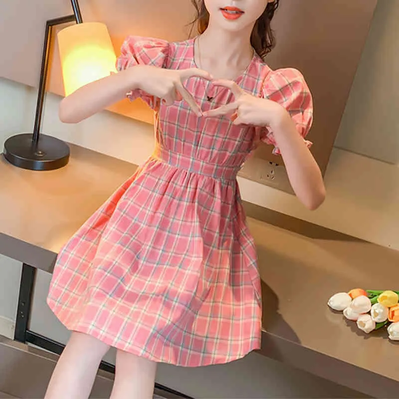 Mädchen Kleid Kinder Kleidung Ruff-Sleeve Plaid Gedruckt Prinzessin Nette Sommer Kinder 210515