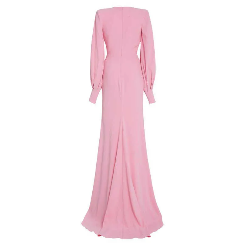 [Deat] lente mode ronde hals hoge taille vloer lengte lange mouw roze elegante jurk vrouwen kwaliteit 13c781 210527