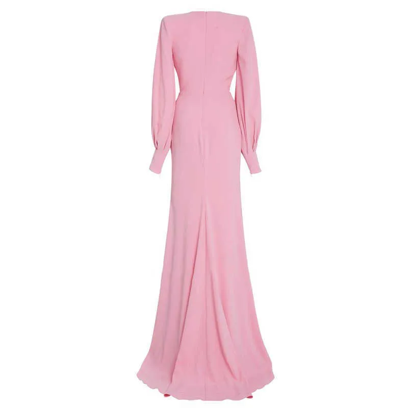 [DEAT] Spring Fashion Round Neck High Waist Floor-length Long Sleeve Pink Elegant Dress Women Quality 13C781 210527