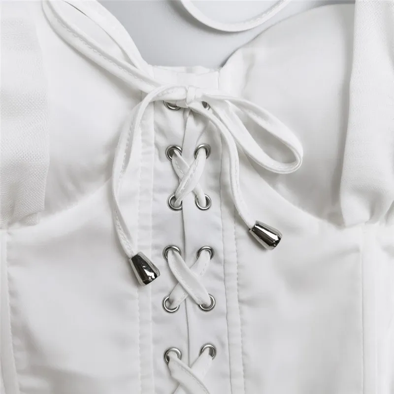 Blanc maille Patchwork Sexy robe femmes licou à lacets sans manches été Ropa Mujer élastique body-con fête 210514