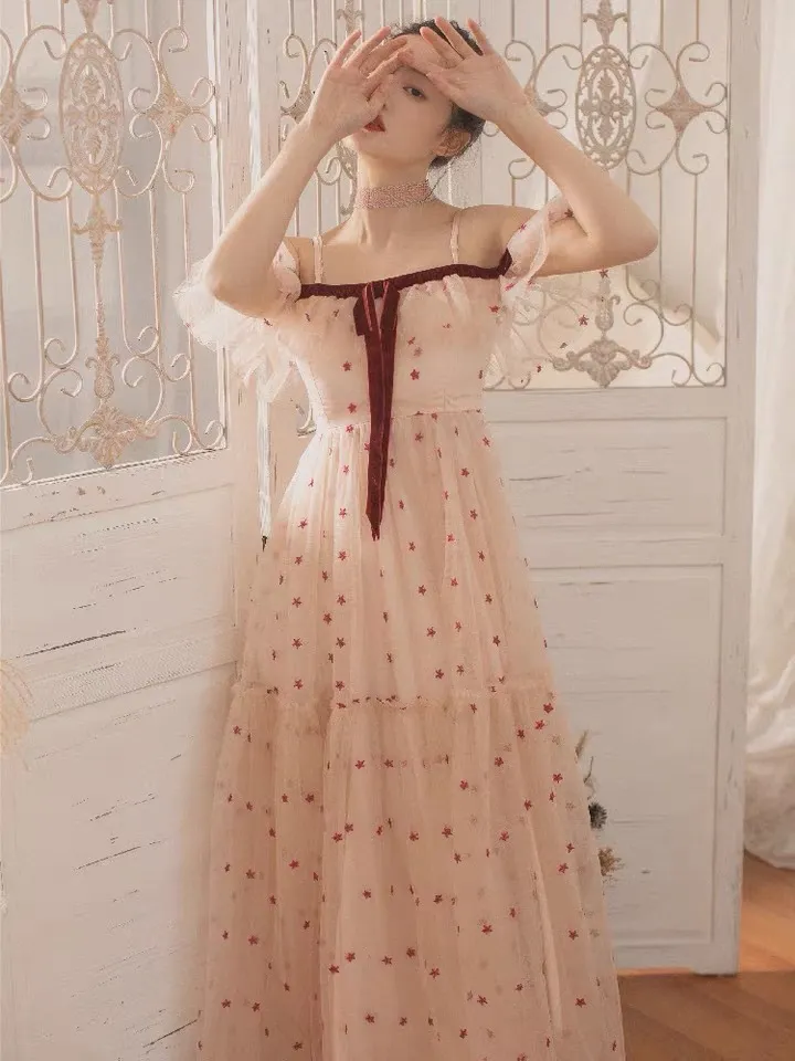 stile celebrità Stilista Estate Vintage Mesh Dress Donna Bow rosa morbido ragazza dolce festa di compleanno abiti y2k 210421