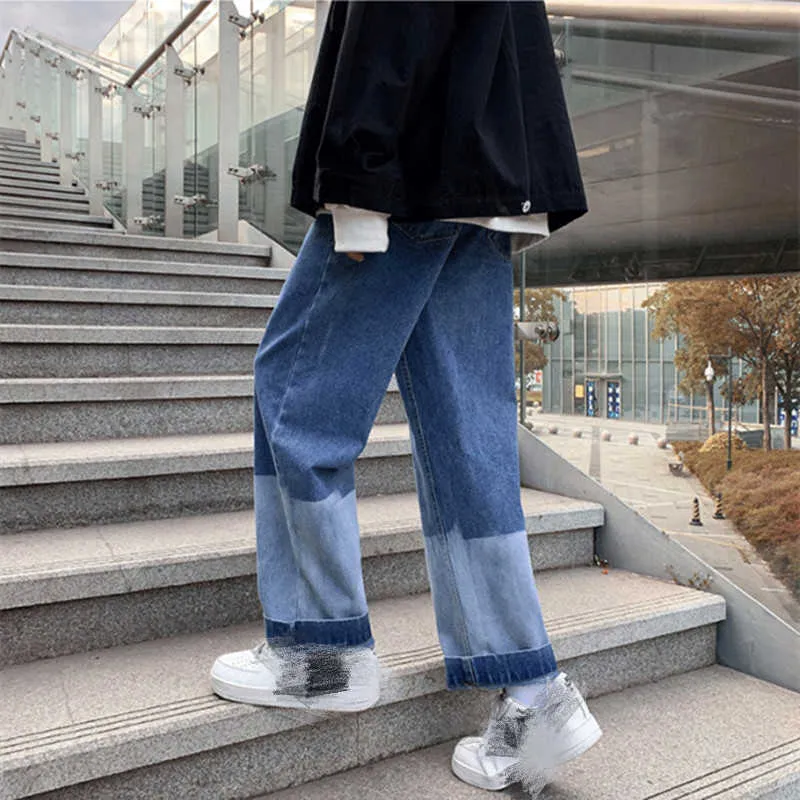 Mannen jeans denim patchwork gradiënt kleur rechte wijde been losse plus size 3XL mode casual studenten streetwear all-match nieuwe x0621