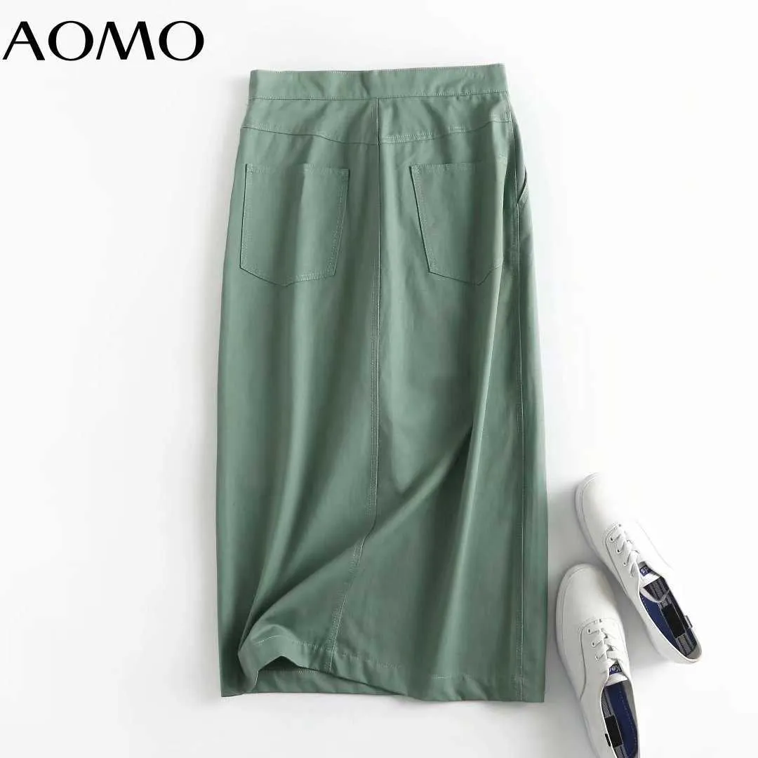 AOMO Kadınlar Yeşil Pamuk MIDI Etek Faldas Mujer Vintage Fermuar Ofis Bayanlar Zarif Chic MID Buzağı Etekler 4C99A 210629